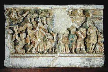 Relief, das Szenen aus der Passion Christi zeigt: Die Verhaftung und die Geißelung